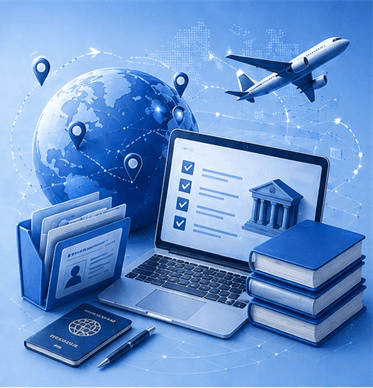 International student reviewing application files